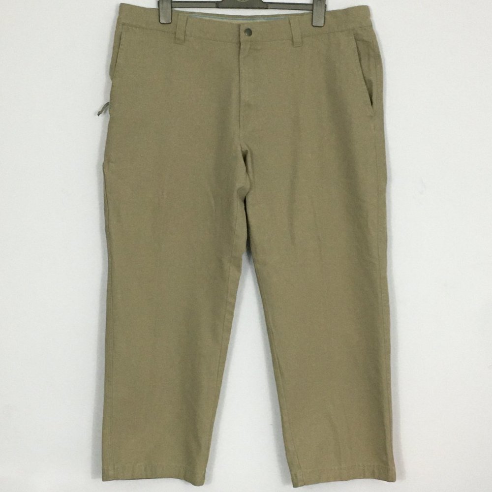 Columbia Mens 42W 30L Olive Hook & Loop Zip Pockets 100% Cotton Flat Front Pants